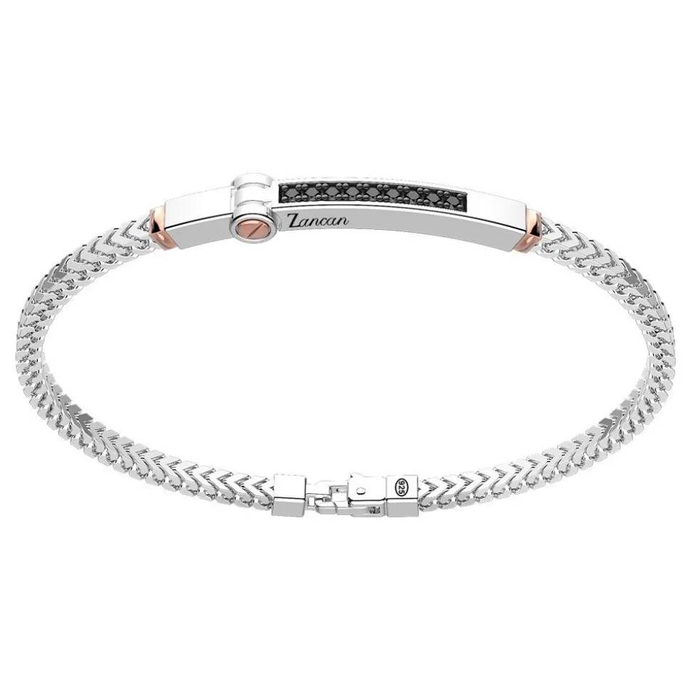 Zancan Silver Bracelet With Tag And Rose Gold Inserts And Black Stones.^Zancan Gioielli Sale