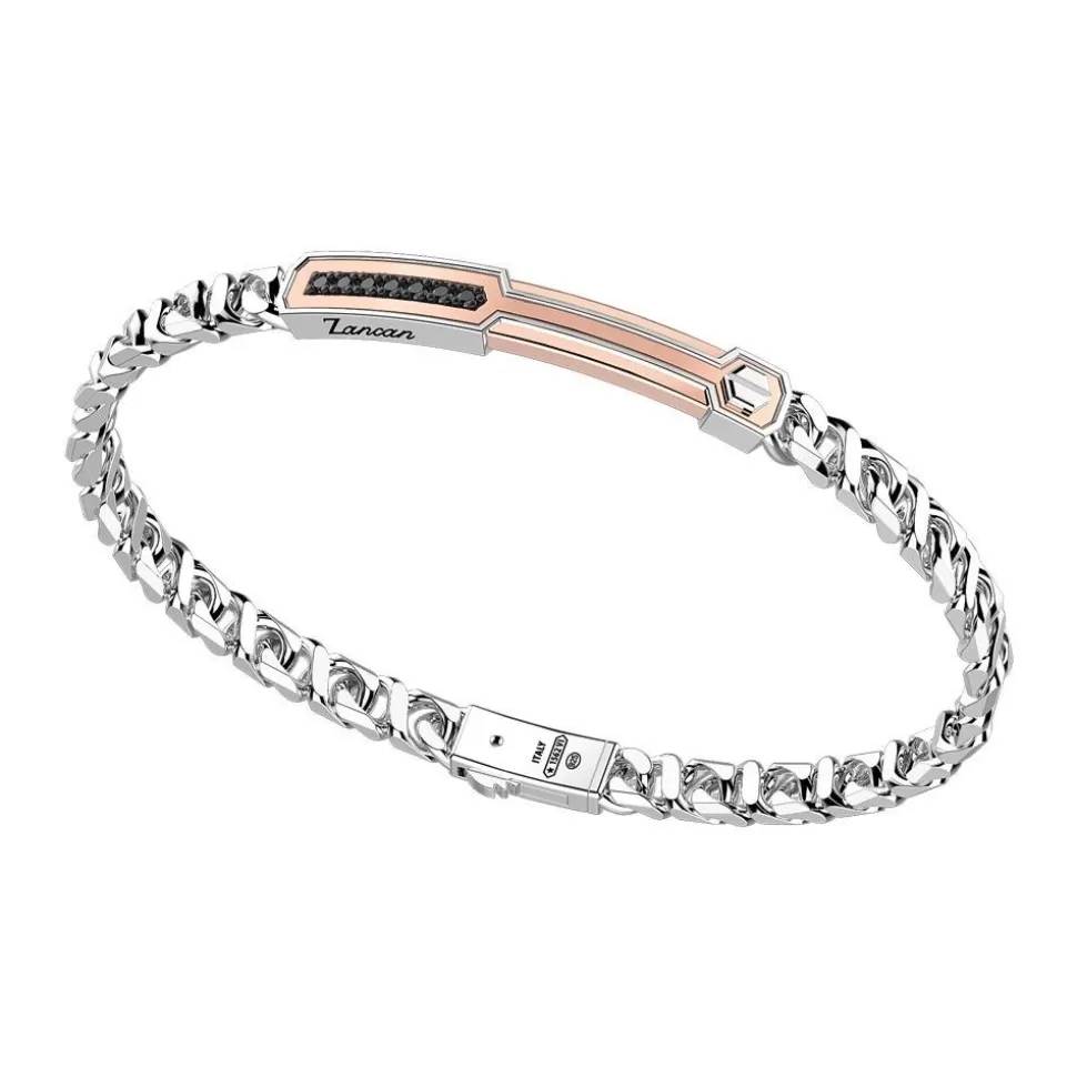 Zancan Silver Curb Chain Bracelet With Tag And Rose Gold Inserts And Black Stones.^Zancan Gioielli Cheap
