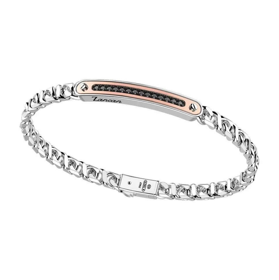 Zancan Silver Curb Chain Bracelet With Tag And Rose Gold Inserts And Black Stones.^Zancan Gioielli Flash Sale