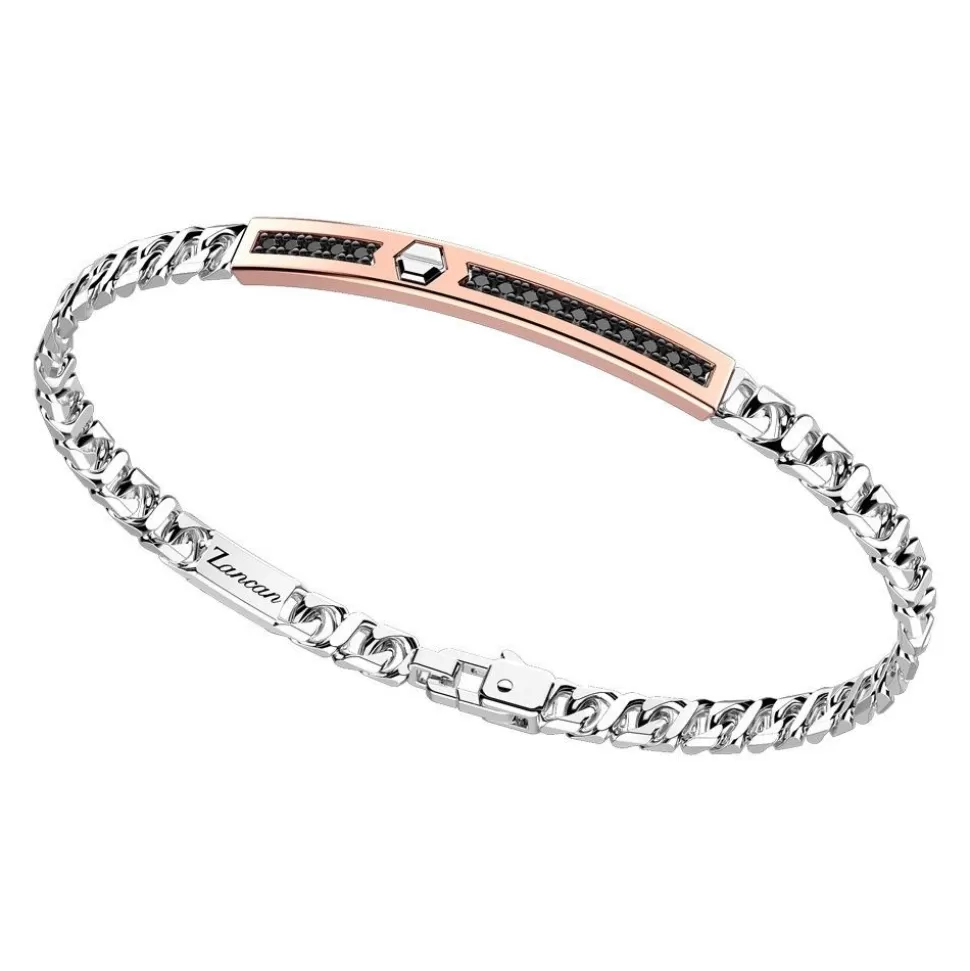 Zancan Silver Curb Chain Bracelet With Tag And Rose Gold Inserts And Black Stones.^Zancan Gioielli Store