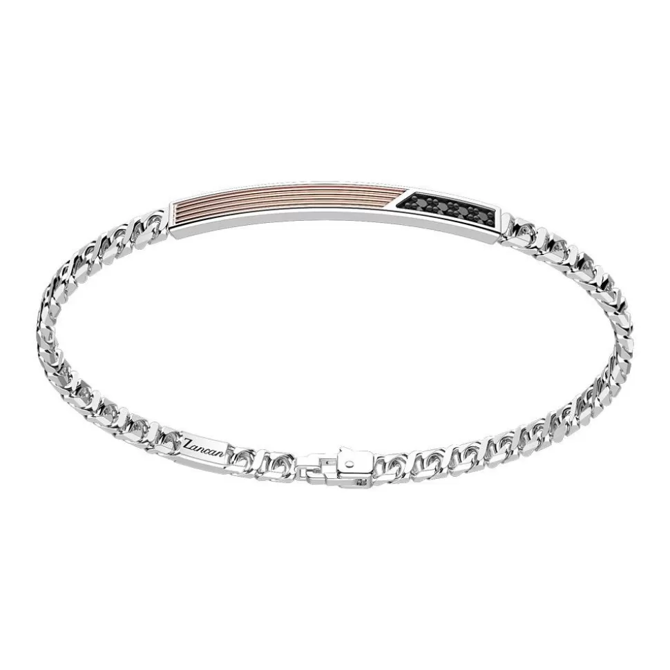 Zancan Silver Curb Chain Bracelet With Tag And Rose Gold Inserts And Black Stones.^Zancan Gioielli Online