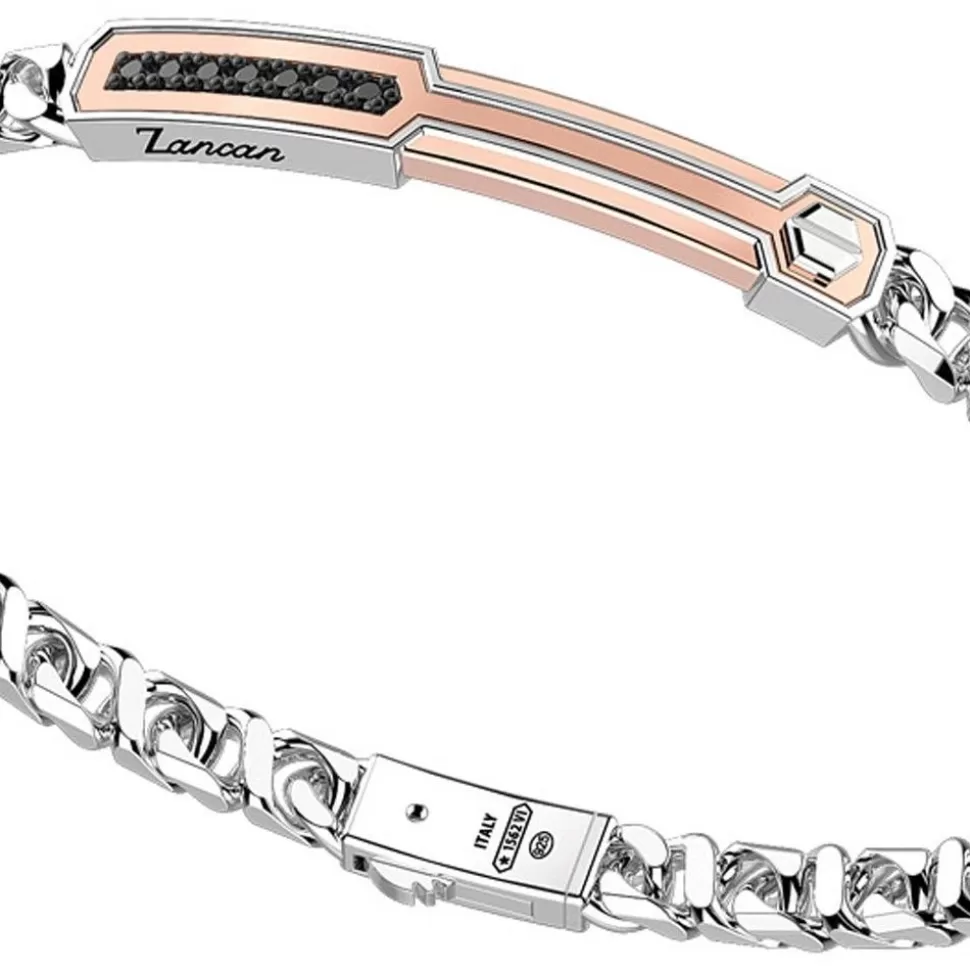 Zancan Silver Curb Chain Bracelet With Tag And Rose Gold Inserts And Black Stones.^Zancan Gioielli Cheap