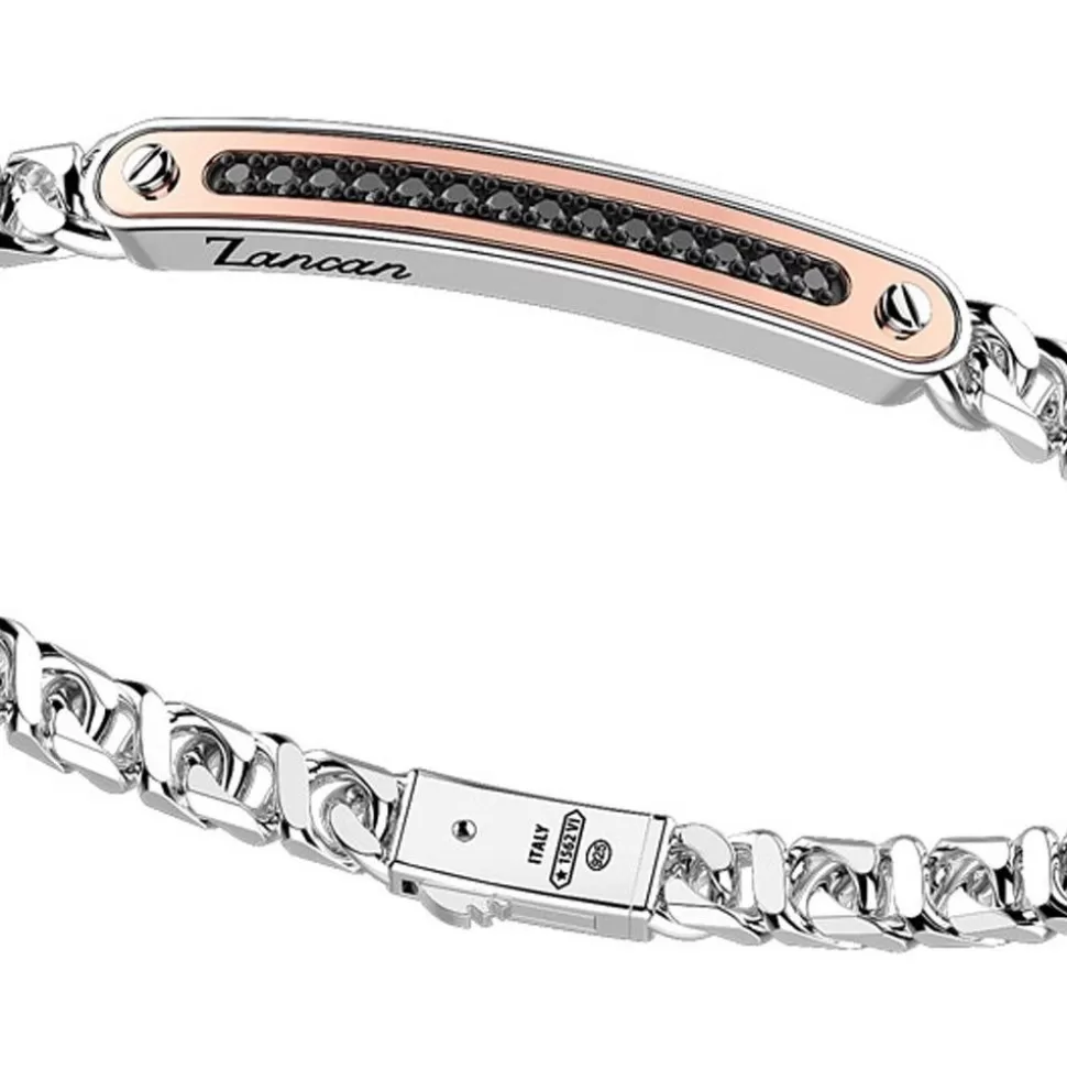 Zancan Silver Curb Chain Bracelet With Tag And Rose Gold Inserts And Black Stones.^Zancan Gioielli Flash Sale