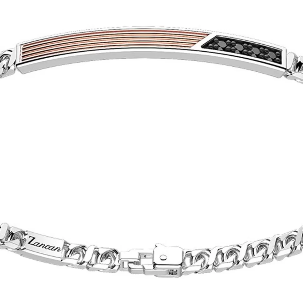 Zancan Silver Curb Chain Bracelet With Tag And Rose Gold Inserts And Black Stones.^Zancan Gioielli Online