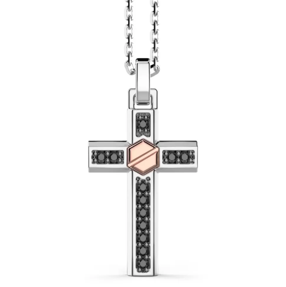 Zancan Silver Necklace With Cross Pendant, Rose Gold Screw And Black Stones.^Zancan Gioielli Flash Sale