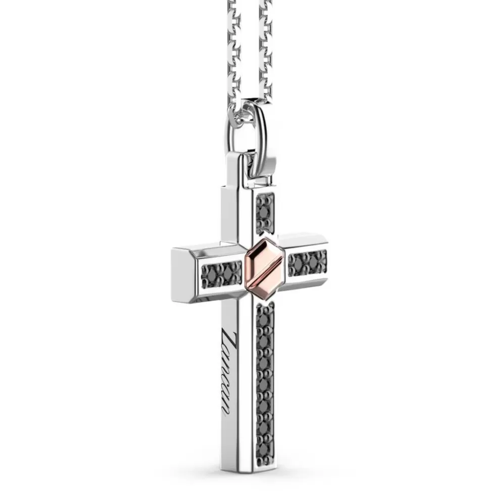 Zancan Silver Necklace With Cross Pendant, Rose Gold Screw And Black Stones.^Zancan Gioielli Flash Sale